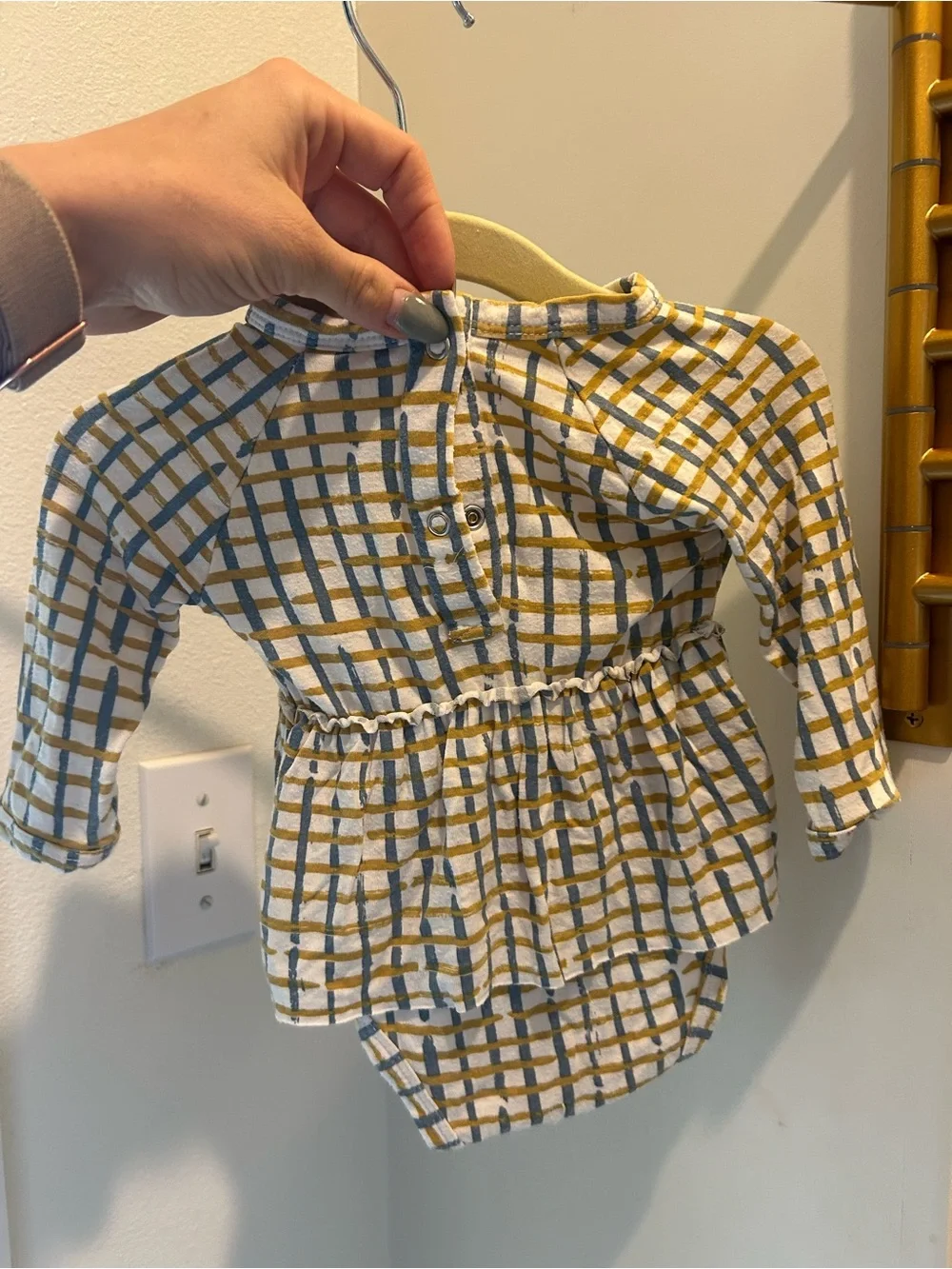 Spearmint Love Bamboo Plaid Long-Sleeve Bodysuit Dress - Mustard & Gray